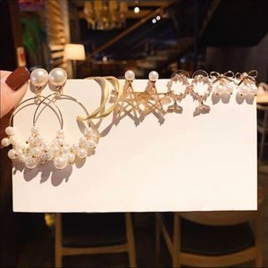 New set of 5 Gold plated dainty Pearl Studs, Dangle and drop earrings